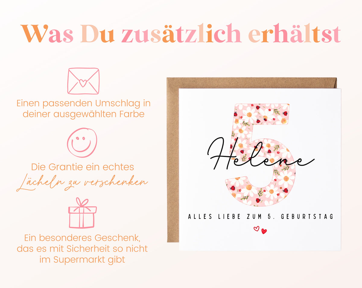 Personalisierte Geburtstagskarte zum 5. Geburtstag mit Marienkäfer – Karte und Umschlag
