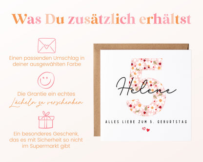 Personalisierte Geburtstagskarte zum 5. Geburtstag mit Marienkäfer – Karte und Umschlag