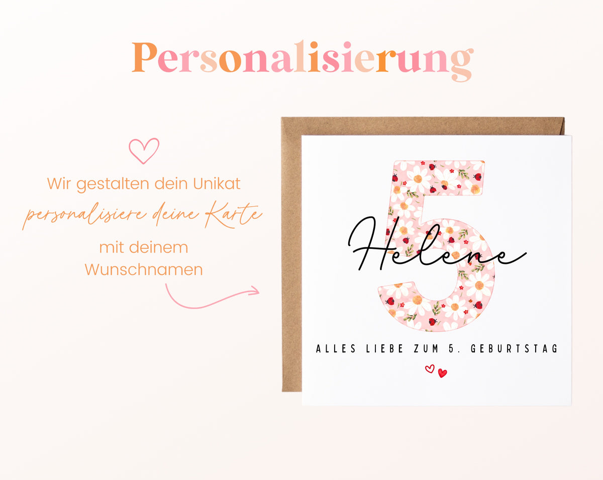 Personalisierte Geburtstagskarte zum 5. Geburtstag mit Marienkäfer – Karte mit Wunschname