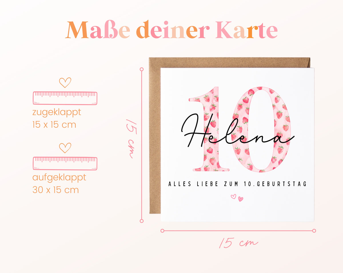 Personalisierte Geburtstagskarte zum 10. Geburtstag mit Erdbeere – Maße der Karte