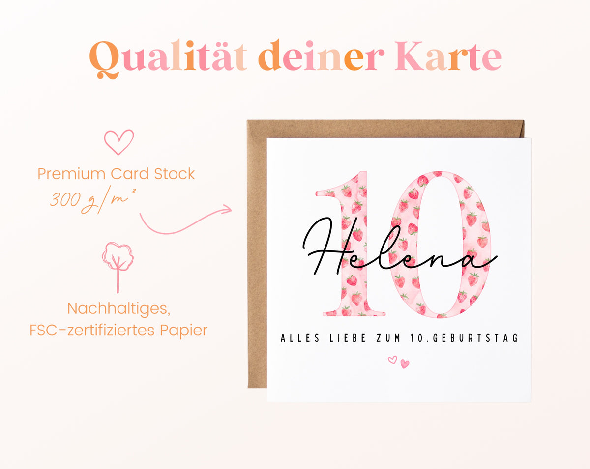 Personalisierte Geburtstagskarte zum 10. Geburtstag mit Erdbeere – Papierqualität