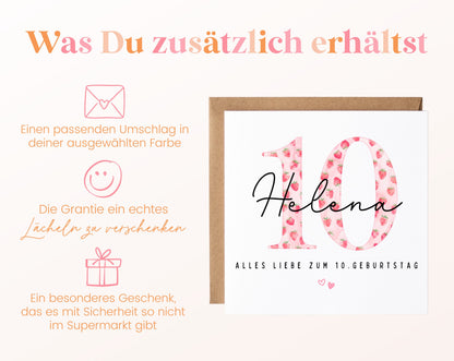 Personalisierte Geburtstagskarte zum 10. Geburtstag mit Erdbeere – Karte und Umschlag