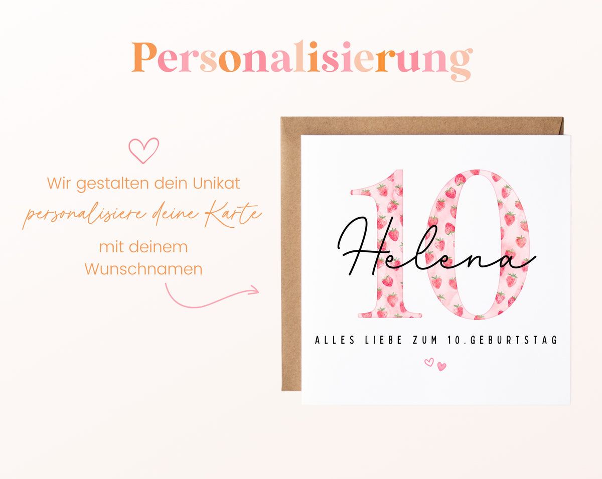 Personalisierte Geburtstagskarte zum 10. Geburtstag mit Erdbeere – Karte mit Wunschname