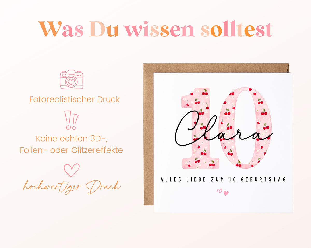 Personalisierte Geburtstagskarte zum 10. Geburtstag mit Kirsche – Informationen zur Karte