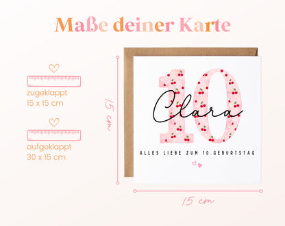 Personalisierte Geburtstagskarte zum 10. Geburtstag mit Kirsche – Maße der Karte