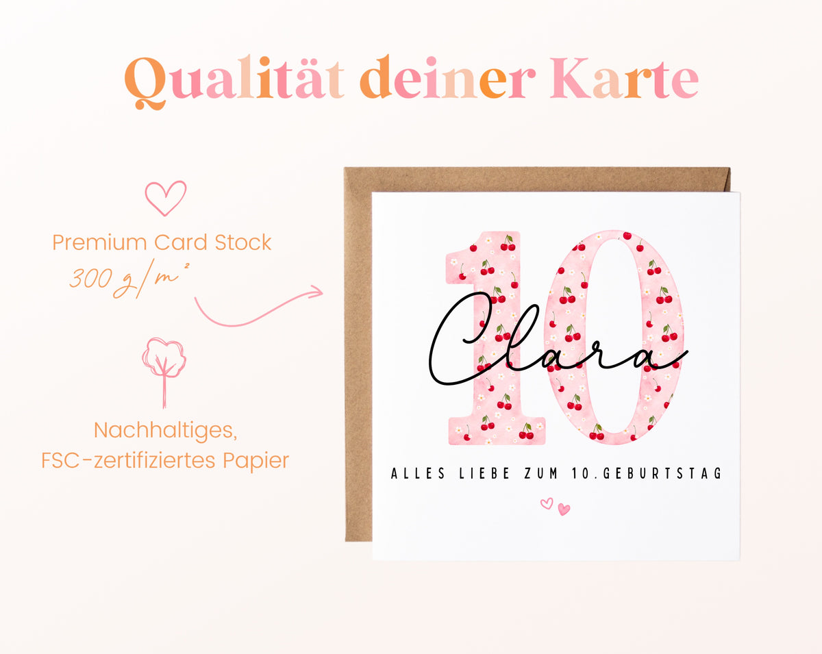 Personalisierte Geburtstagskarte zum 10. Geburtstag mit Kirsche – Papierqualität