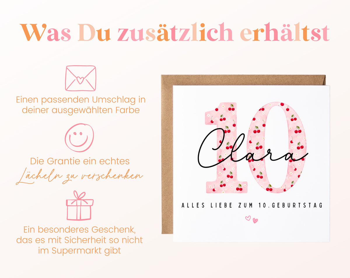 Personalisierte Geburtstagskarte zum 10. Geburtstag mit Kirsche – Karte und Umschlag