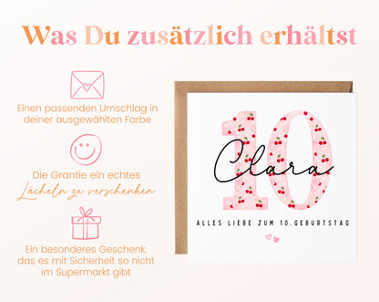 Personalisierte Geburtstagskarte zum 10. Geburtstag mit Kirsche – Karte und Umschlag