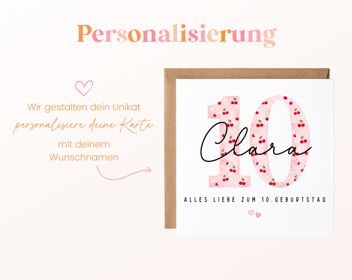 Personalisierte Geburtstagskarte zum 10. Geburtstag mit Kirsche – Karte mit Wunschname