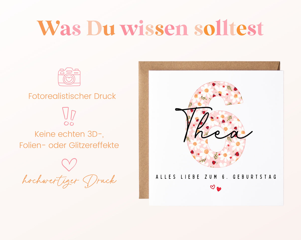 Personalisierte Geburtstagskarte zum 6. Geburtstag mit Marienkäfer – Informationen zur Karte