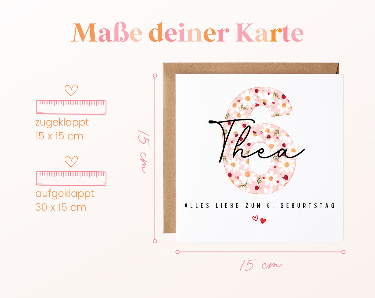 Personalisierte Geburtstagskarte zum 6. Geburtstag mit Marienkäfer – Maße der Karte