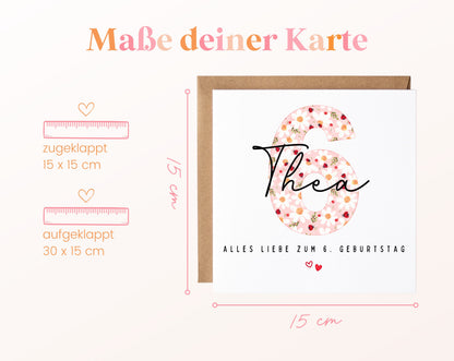 Personalisierte Geburtstagskarte zum 6. Geburtstag mit Marienkäfer – Maße der Karte