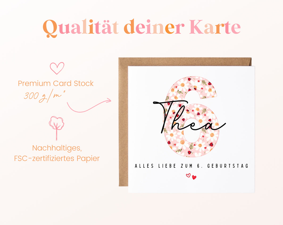 Personalisierte Geburtstagskarte zum 6. Geburtstag mit Marienkäfer – Papierqualität