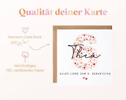 Personalisierte Geburtstagskarte zum 6. Geburtstag mit Marienkäfer – Papierqualität