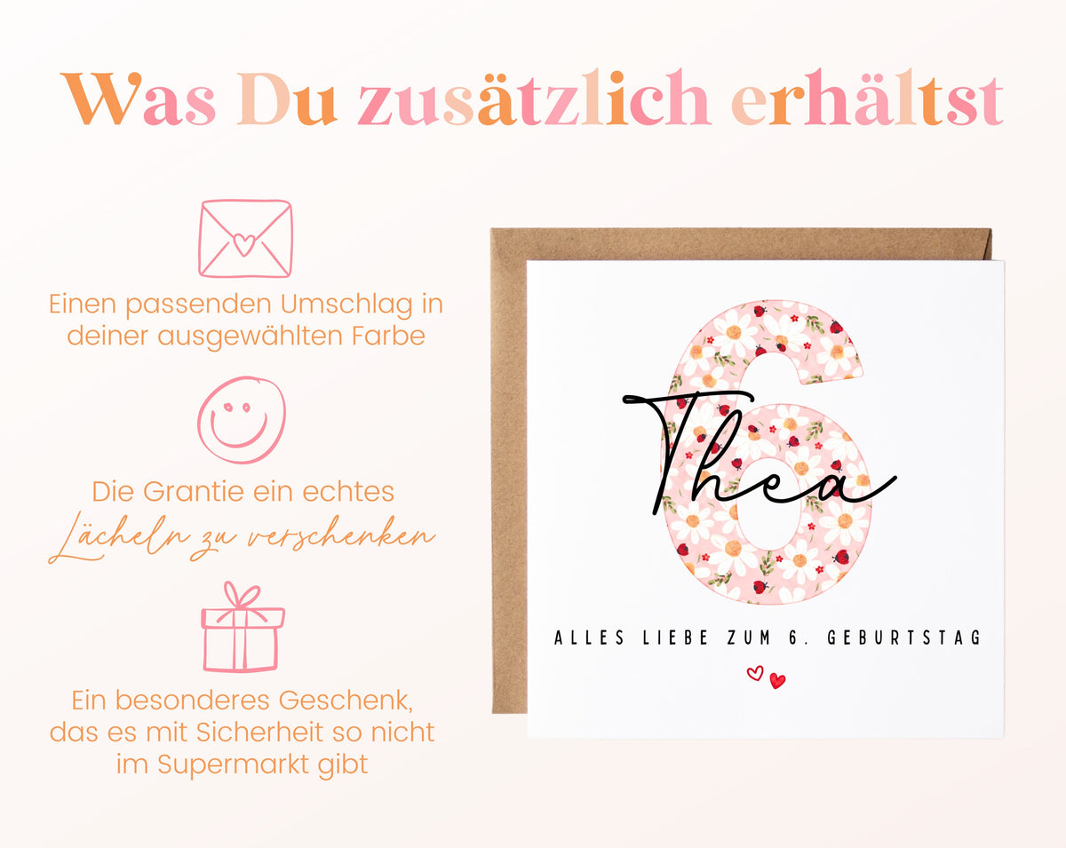 Personalisierte Geburtstagskarte zum 6. Geburtstag mit Marienkäfer – Karte und Umschlag
