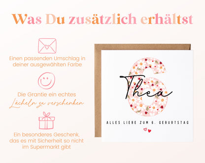 Personalisierte Geburtstagskarte zum 6. Geburtstag mit Marienkäfer – Karte und Umschlag