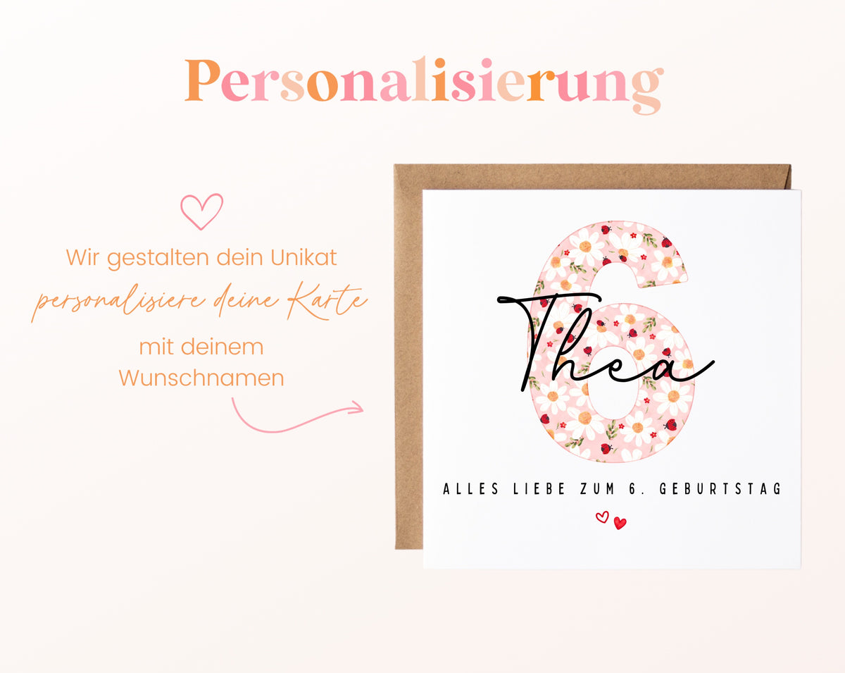 Personalisierte Geburtstagskarte zum 6. Geburtstag mit Marienkäfer – Karte mit Wunschname