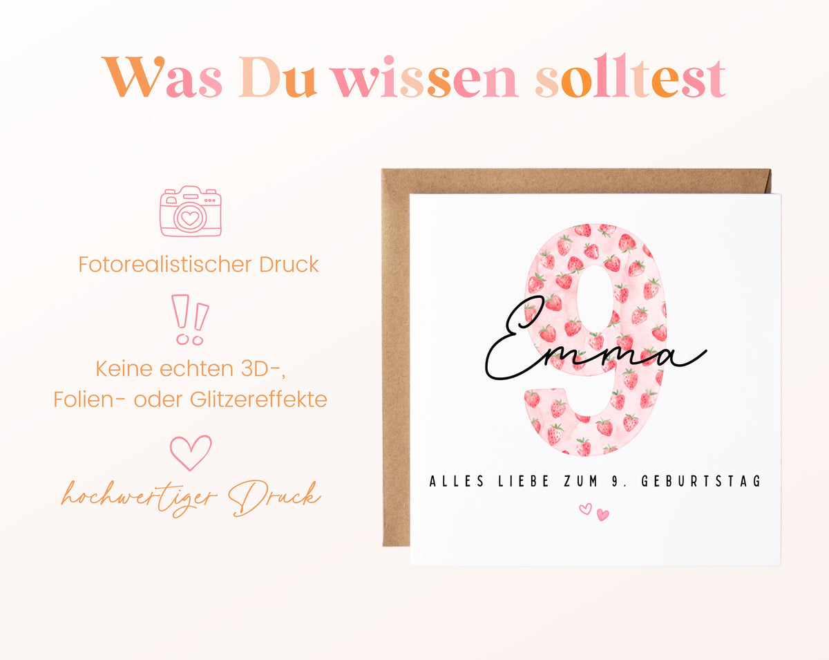 Personalisierte Geburtstagskarte zum 9. Geburtstag mit Erdbeere – Informationen zur Karte