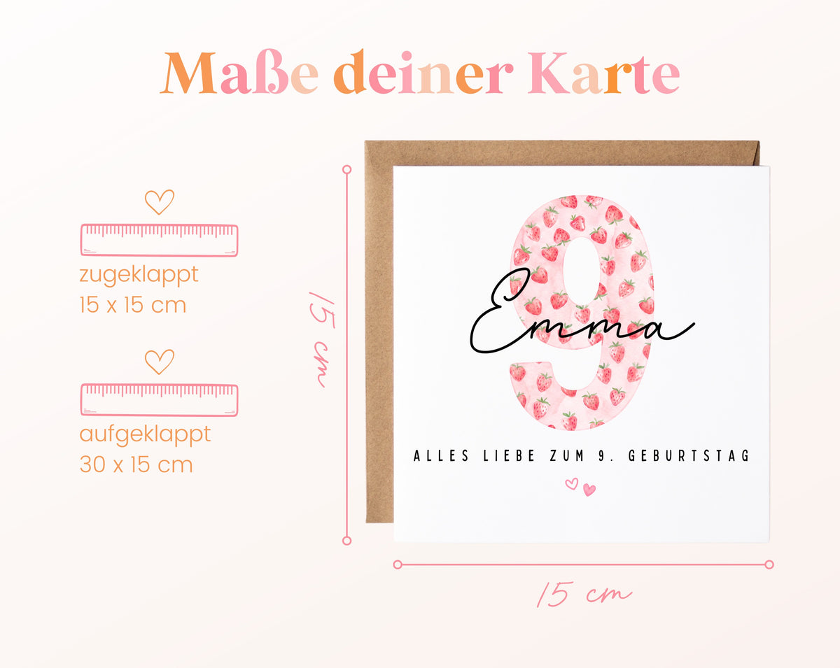 Personalisierte Geburtstagskarte zum 9. Geburtstag mit Erdbeere – Maße der Karte