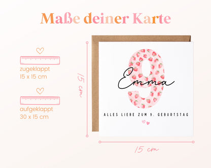 Personalisierte Geburtstagskarte zum 9. Geburtstag mit Erdbeere – Maße der Karte