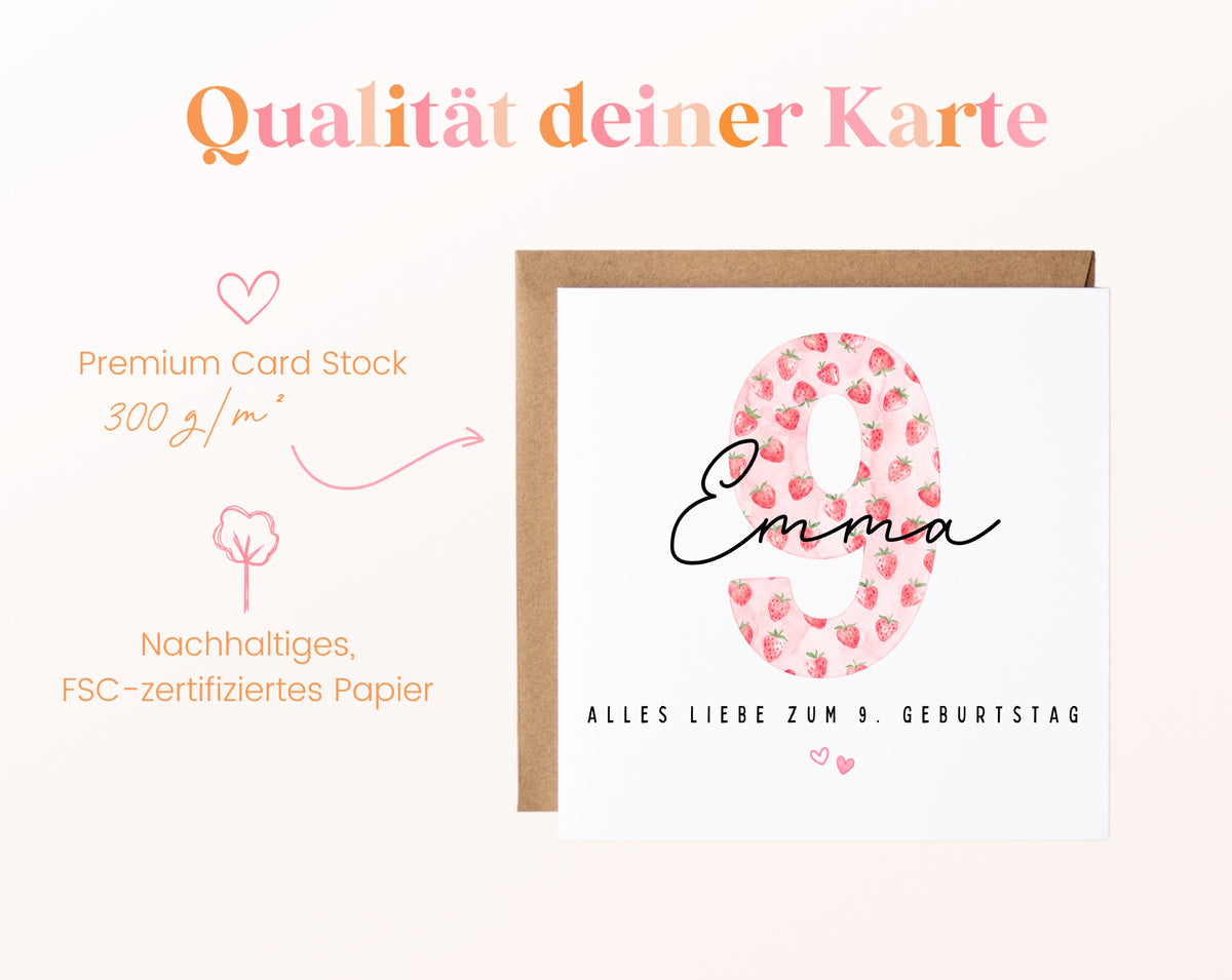 Personalisierte Geburtstagskarte zum 9. Geburtstag mit Erdbeere – Papierqualität