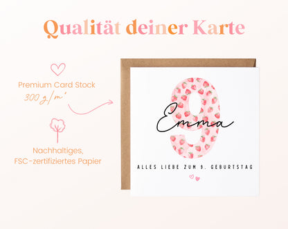 Personalisierte Geburtstagskarte zum 9. Geburtstag mit Erdbeere – Papierqualität
