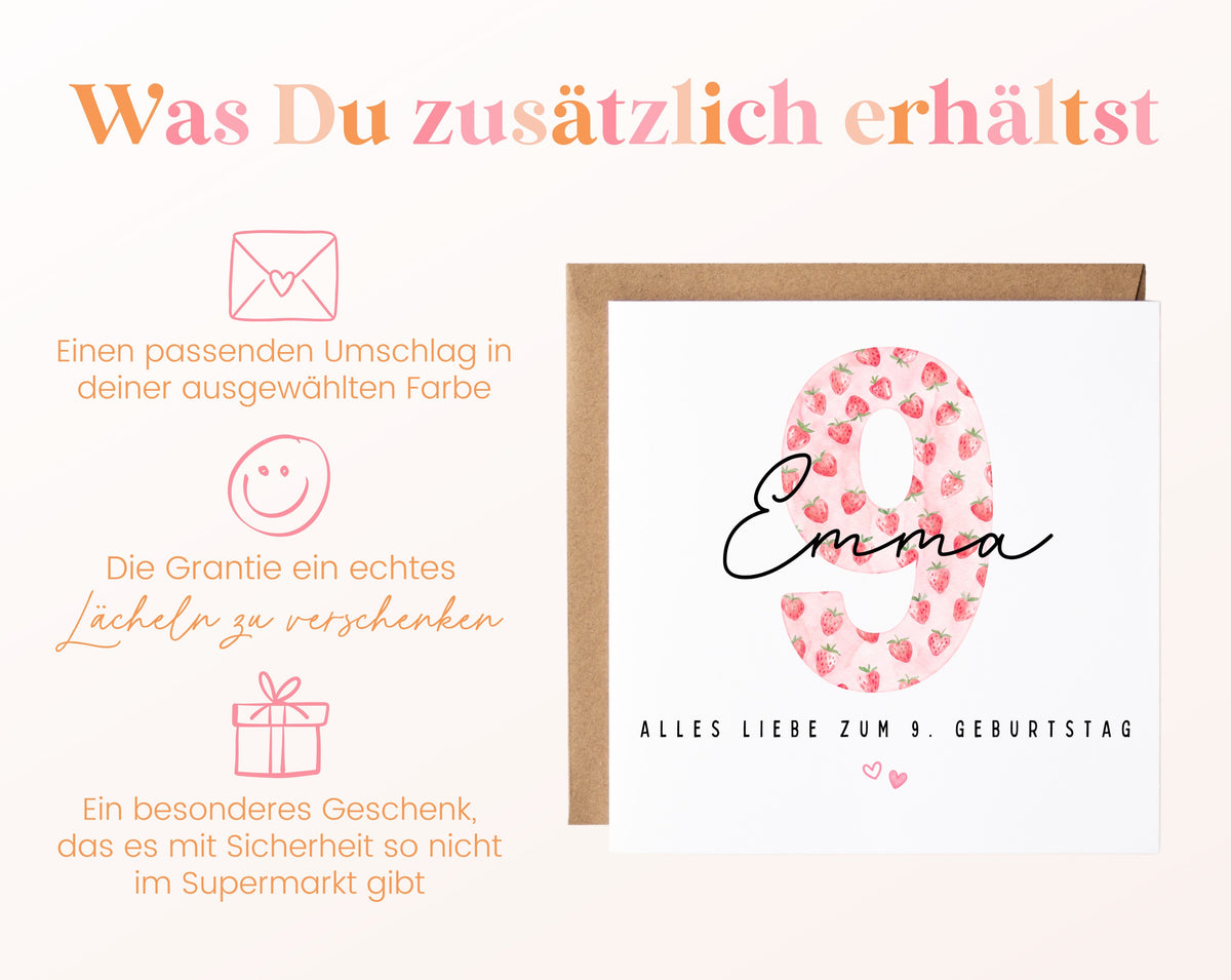 Personalisierte Geburtstagskarte zum 9. Geburtstag mit Erdbeere – Karte und Umschlag