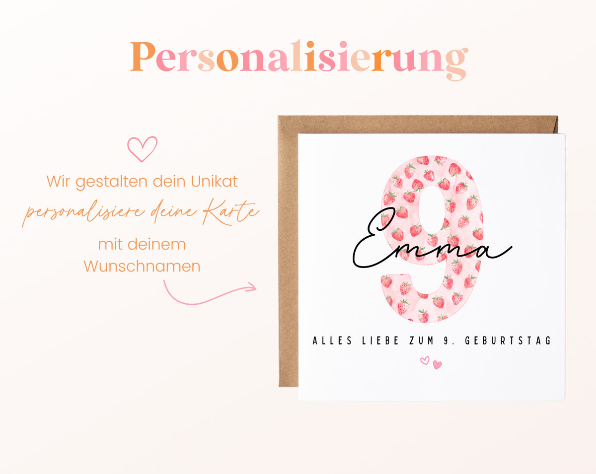 Personalisierte Geburtstagskarte zum 9. Geburtstag mit Erdbeere – Karte mit Wunschname
