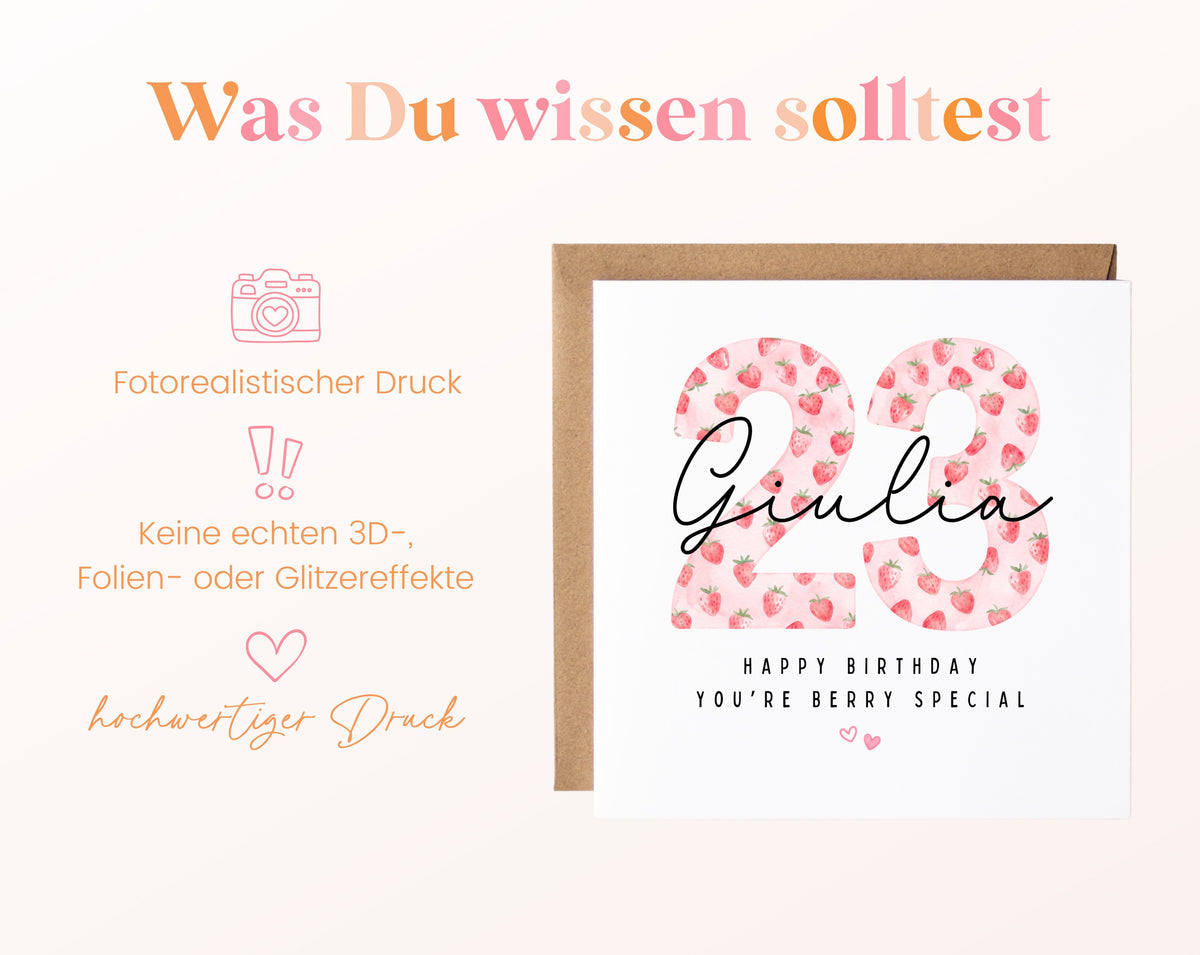 Personalisierte Geburtstagskarte zum 23. Geburtstag mit Erdbeere – Informationen zur Karte
