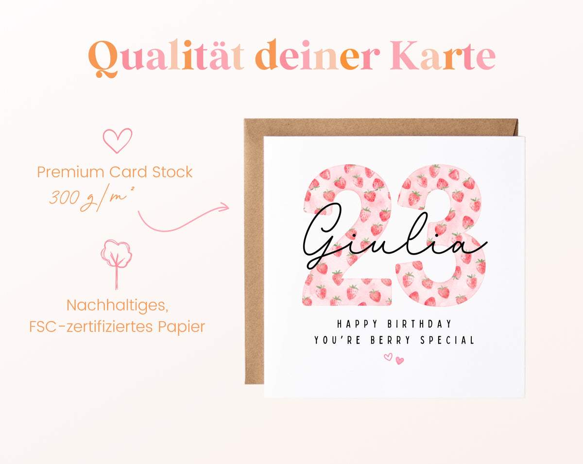 Personalisierte Geburtstagskarte zum 23. Geburtstag mit Erdbeere – Papierqualität