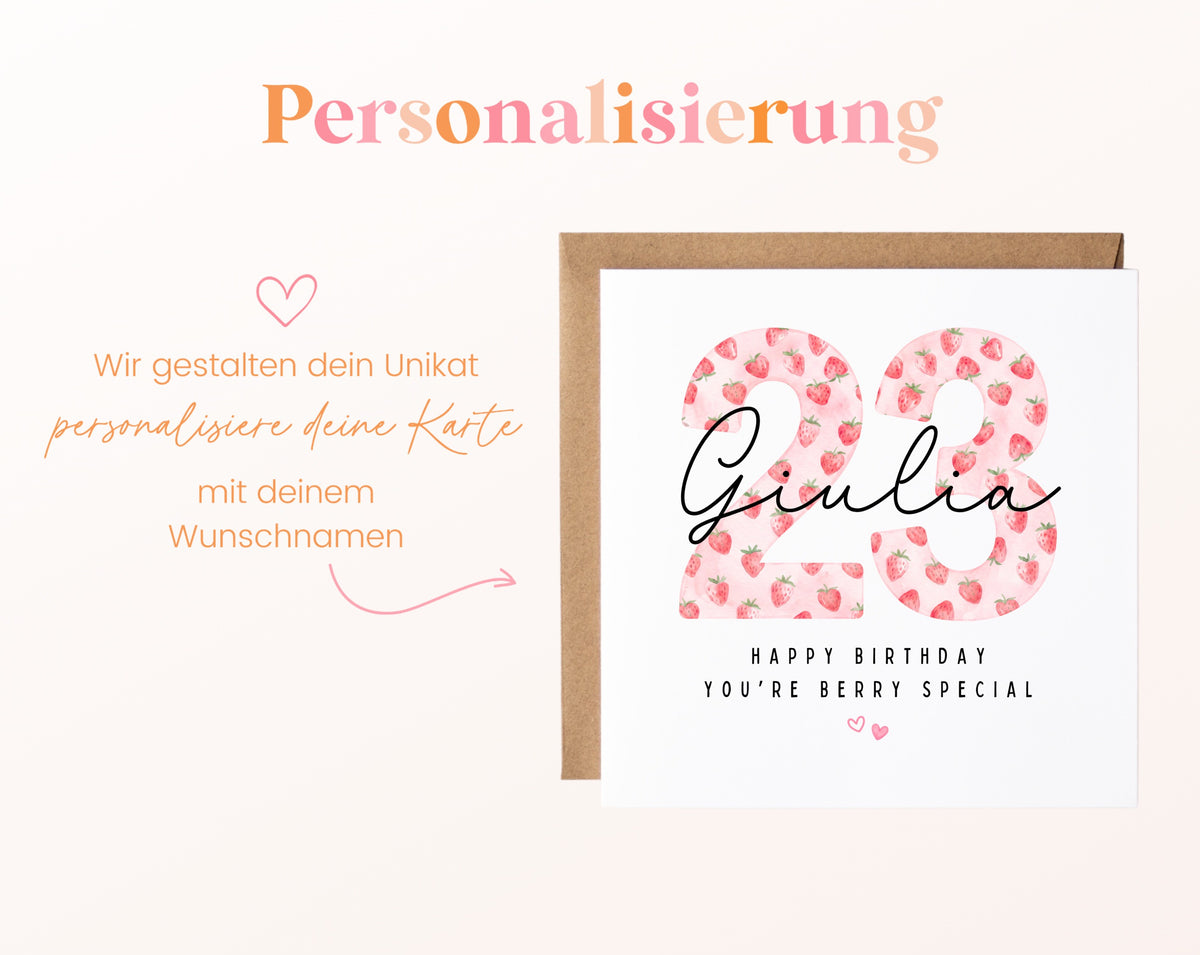 Personalisierte Geburtstagskarte zum 23. Geburtstag mit Erdbeere – Karte mit Wunschname