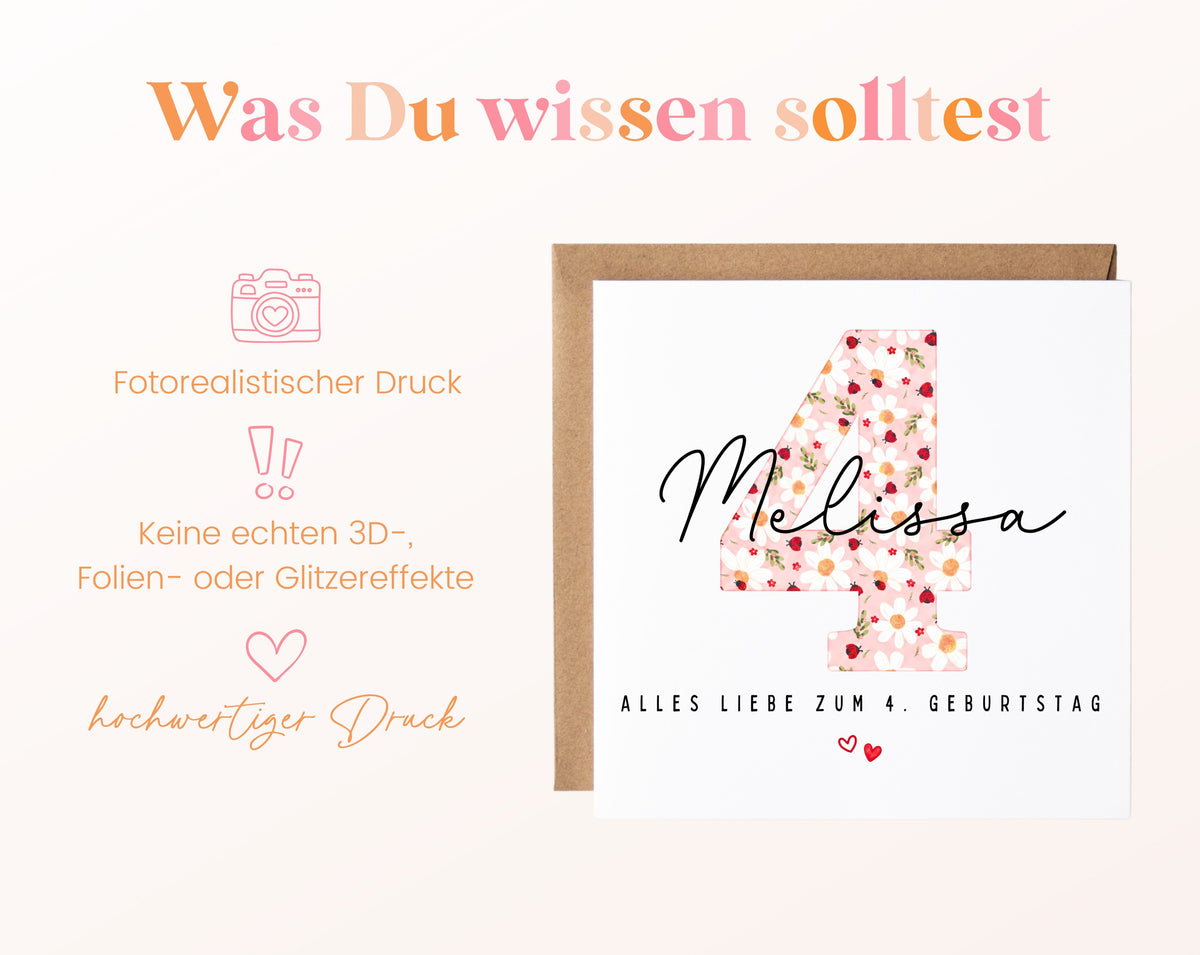 Personalisierte Geburtstagskarte zum 4. Geburtstag mit Marienkäfer – Informationen zur Karte