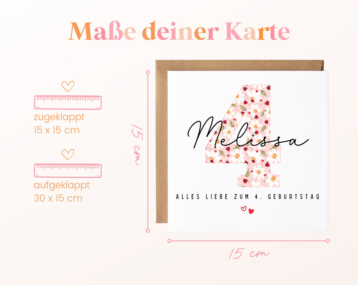 Personalisierte Geburtstagskarte zum 4. Geburtstag mit Marienkäfer – Maße der Karte