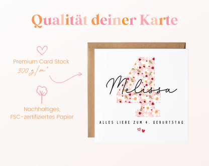 Personalisierte Geburtstagskarte zum 4. Geburtstag mit Marienkäfer – Papierqualität