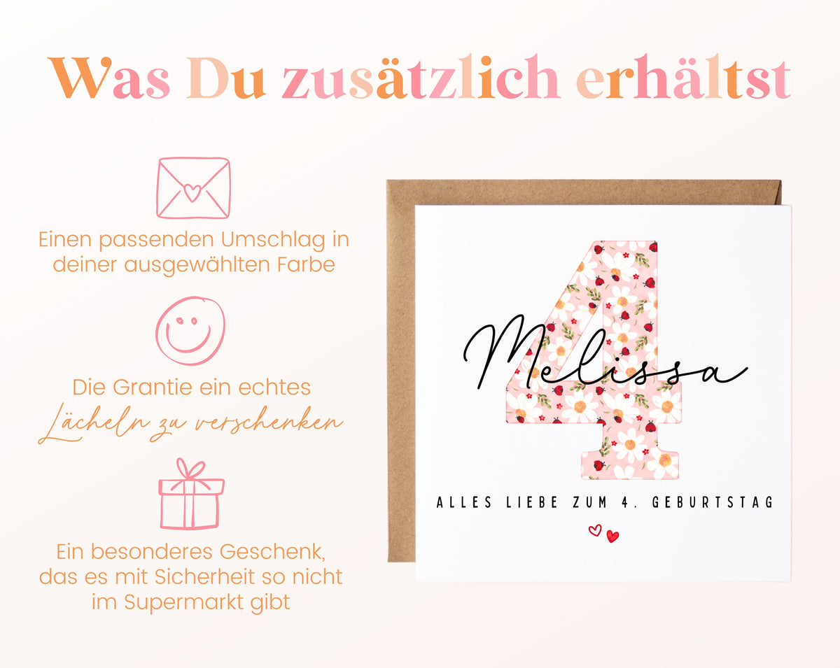 Personalisierte Geburtstagskarte zum 4. Geburtstag mit Marienkäfer – Karte und Umschlag