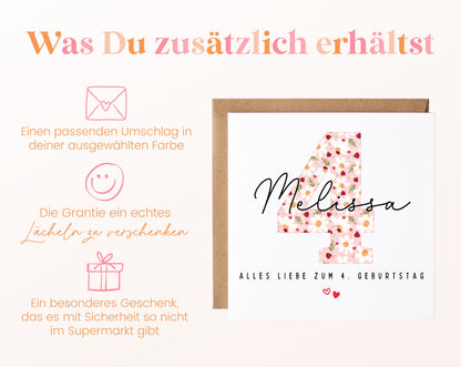 Personalisierte Geburtstagskarte zum 4. Geburtstag mit Marienkäfer – Karte und Umschlag