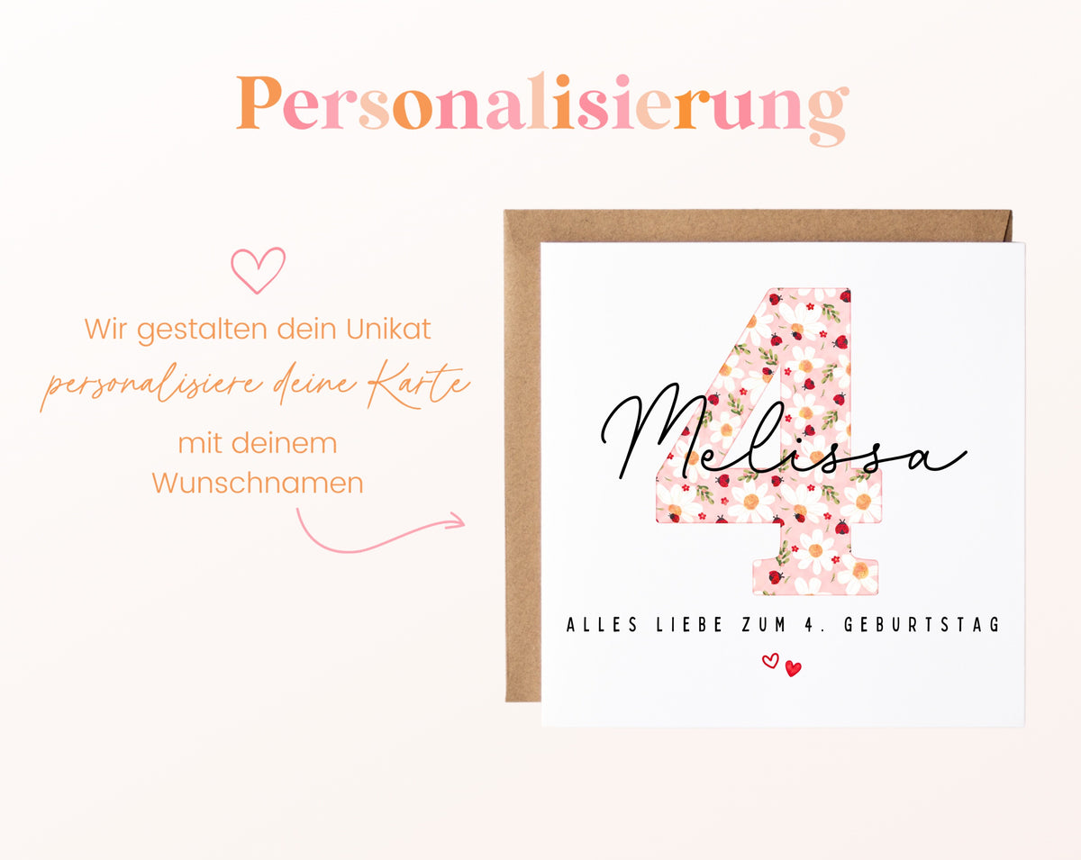 Personalisierte Geburtstagskarte zum 4. Geburtstag mit Marienkäfer – Karte mit Wunschname