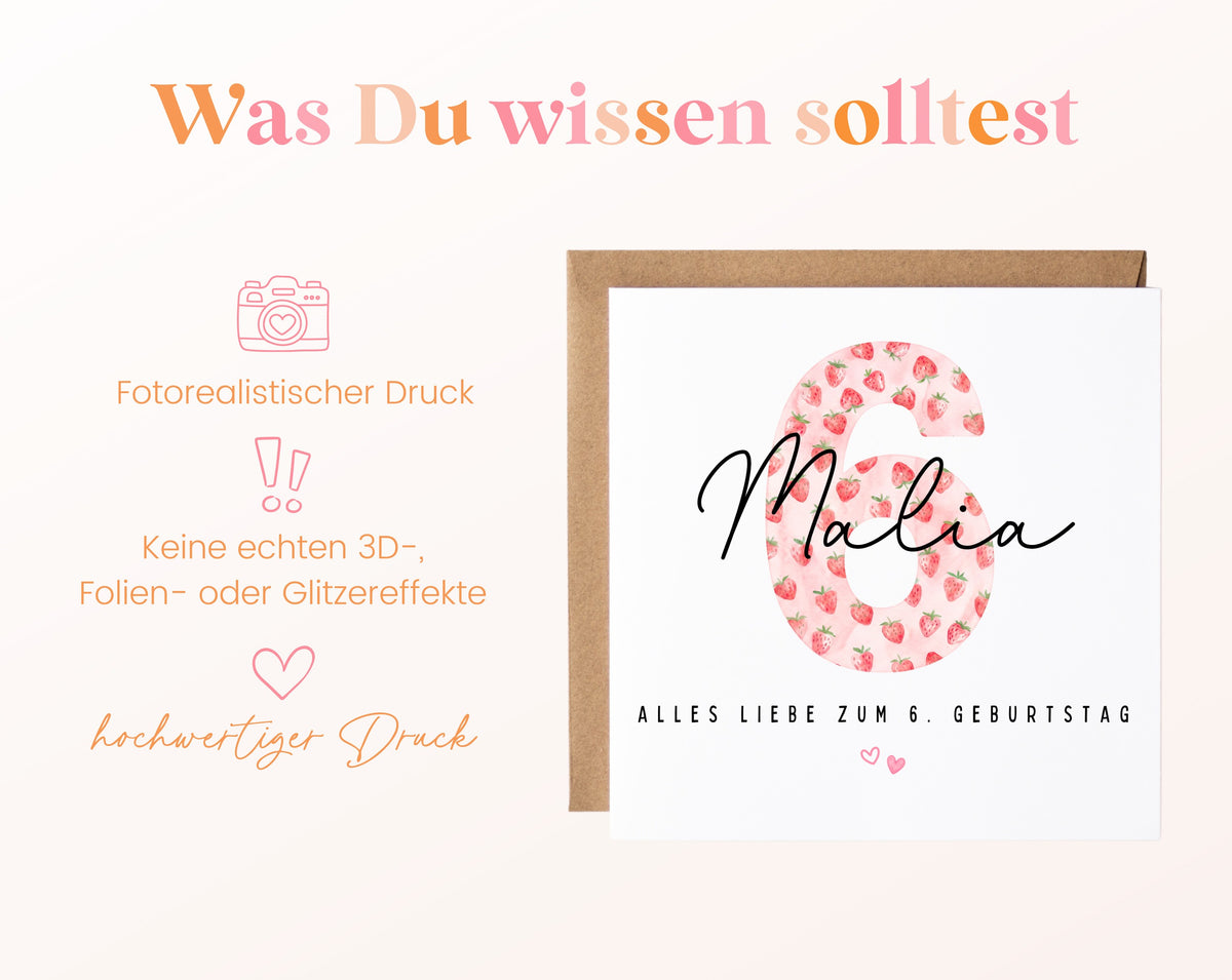 Personalisierte Geburtstagskarte zum 6. Geburtstag mit Erdbeere – Informationen zur Karte