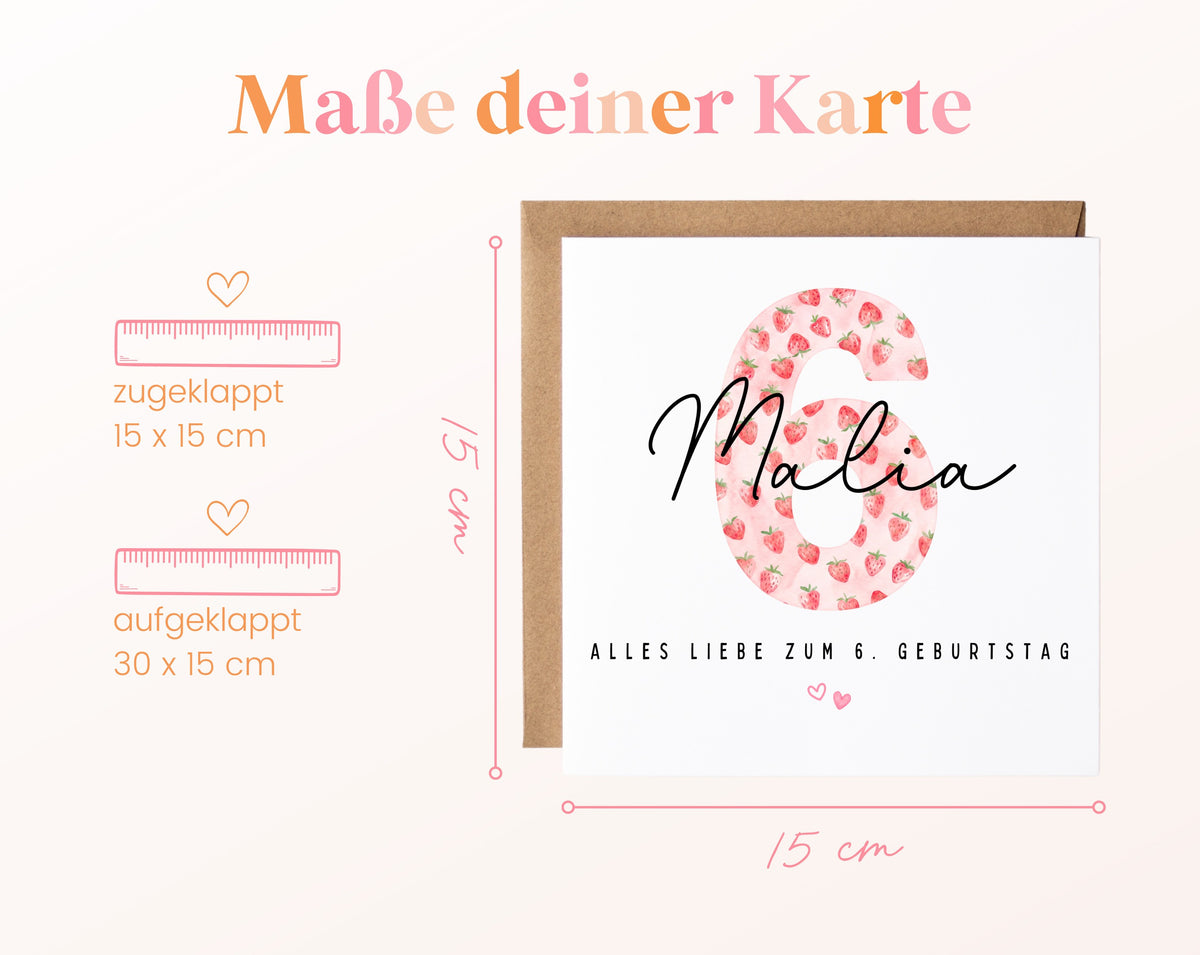 Personalisierte Geburtstagskarte zum 6. Geburtstag mit Erdbeere – Maße der Karte