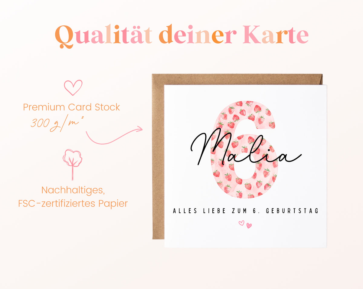 Personalisierte Geburtstagskarte zum 6. Geburtstag mit Erdbeere – Papierqualität