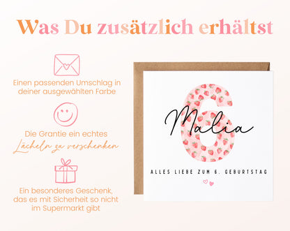Personalisierte Geburtstagskarte zum 6. Geburtstag mit Erdbeere – Karte und Umschlag