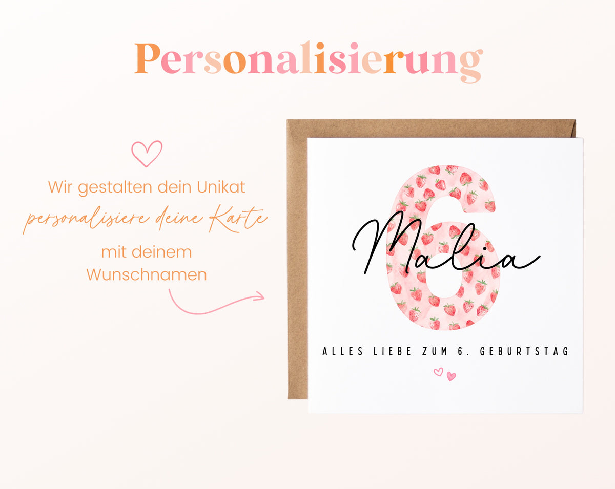 Personalisierte Geburtstagskarte zum 6. Geburtstag mit Erdbeere – Karte mit Wunschname