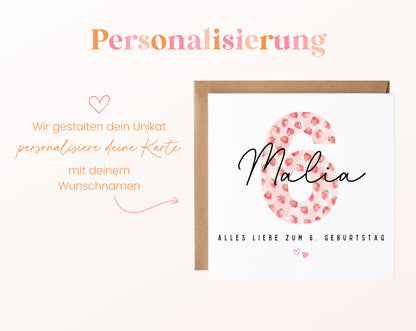 Personalisierte Geburtstagskarte zum 6. Geburtstag mit Erdbeere – Karte mit Wunschname