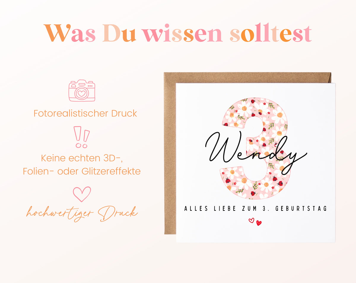Personalisierte Geburtstagskarte zum 3. Geburtstag mit Marienkäfer – Informationen zur Karte