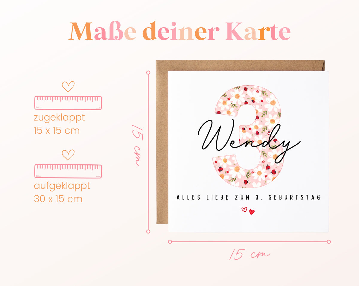 Personalisierte Geburtstagskarte zum 3. Geburtstag mit Marienkäfer – Maße der Karte