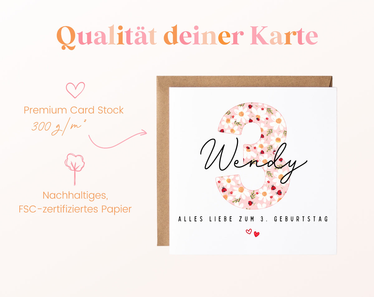 Personalisierte Geburtstagskarte zum 3. Geburtstag mit Marienkäfer – Papierqualität