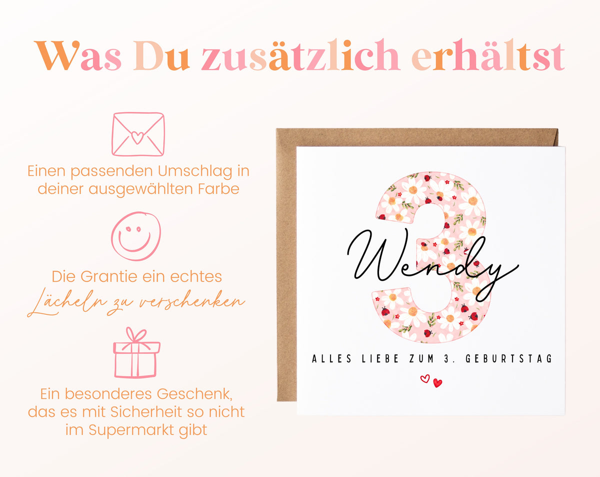 Personalisierte Geburtstagskarte zum 3. Geburtstag mit Marienkäfer – Karte und Umschlag