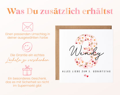 Personalisierte Geburtstagskarte zum 3. Geburtstag mit Marienkäfer – Karte und Umschlag