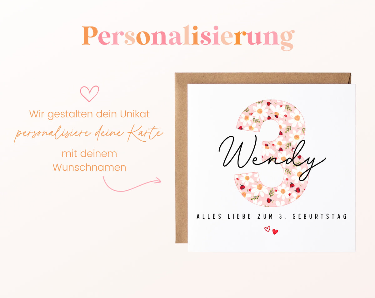 Personalisierte Geburtstagskarte zum 3. Geburtstag mit Marienkäfer – Karte mit Wunschname