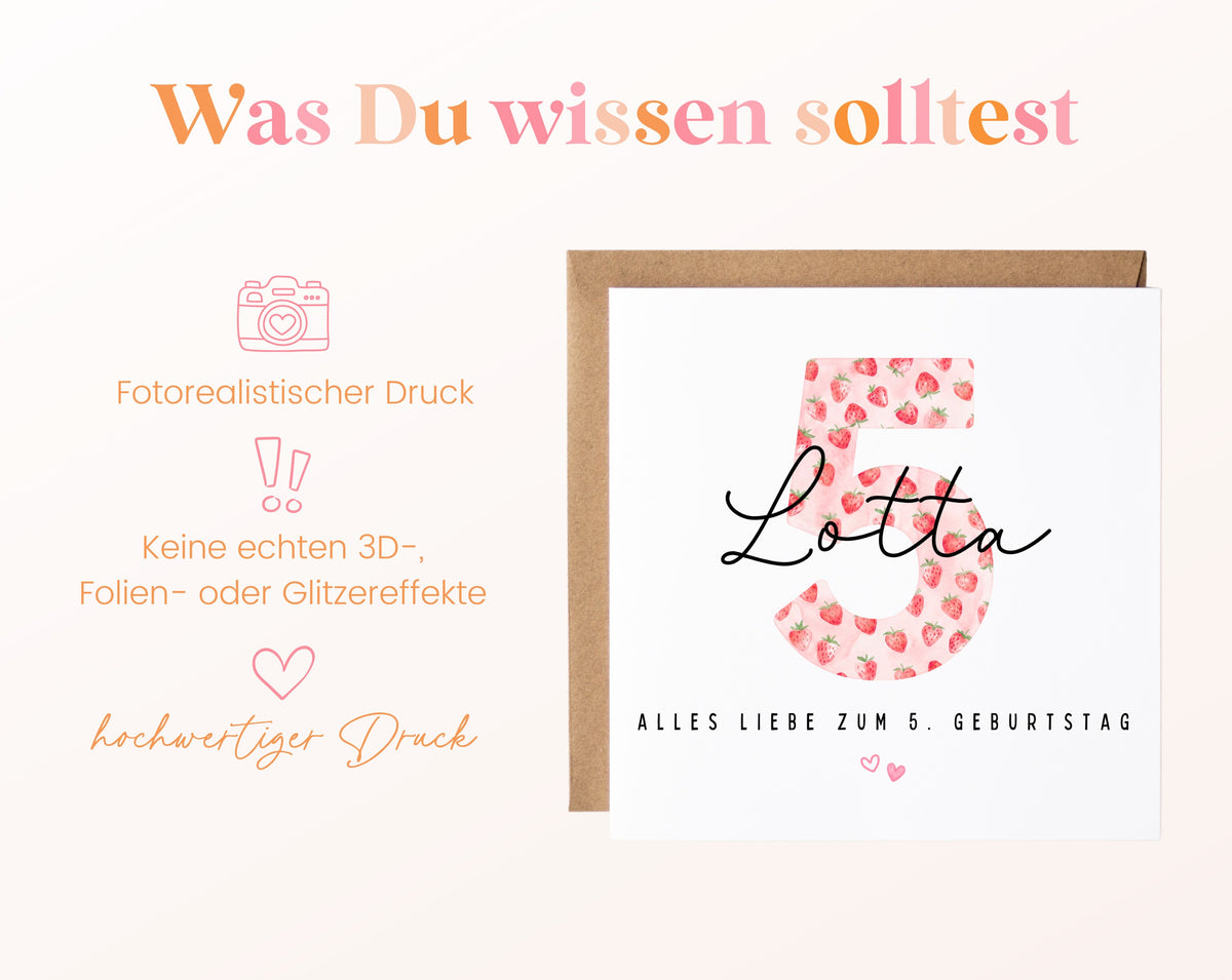 Personalisierte Geburtstagskarte zum 5. Geburtstag mit Erdbeere – Informationen zur Karte